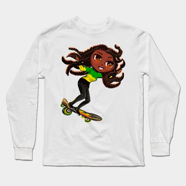 Jamaican jumper women skateboarding girl manga anime girl Jamaican girl on skateboard wearing jumper with colours of Jamaican flag black green and yellow women Long Sleeve T-Shirt by Artonmytee